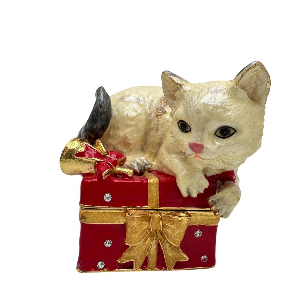 Hand-Painted Cat Trinket Box Crystals Pewter Polyresin Gift